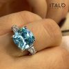 Aquamarine Cushion Cut Three Stone Engagement Ring - Sterling Silver