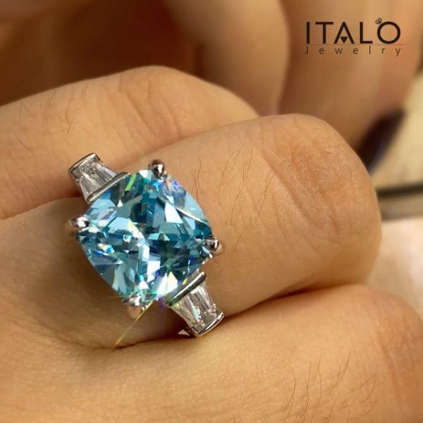 Aquamarine Cushion Cut Three Stone Engagement Ring - Sterling Silver