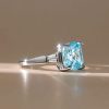 Aquamarine Cushion Cut Three Stone Engagement Ring - Sterling Silver