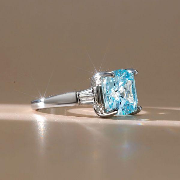 Aquamarine Cushion Cut Three Stone Engagement Ring - Sterling Silver