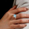 Aquamarine Cushion Cut Three Stone Engagement Ring - Sterling Silver