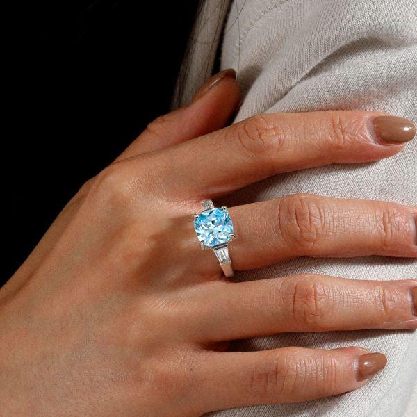 Aquamarine Cushion Cut Three Stone Engagement Ring - Sterling Silver