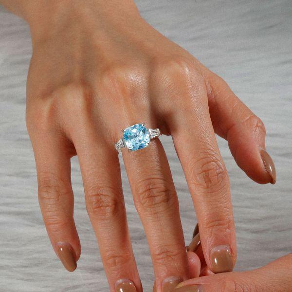 Aquamarine Cushion Cut Three Stone Engagement Ring - Sterling Silver