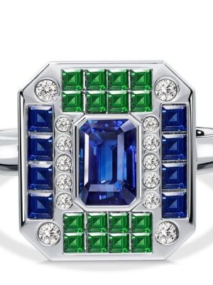 Sterling Silver Halo Blue Sapphire and Emerald Cut Engagement Ring with 1.38 CT. TW. Stones