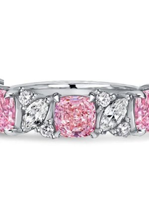Pink Stone Half Eternity Band Ring - Cushion & Marquise Cut - Sterling Silver