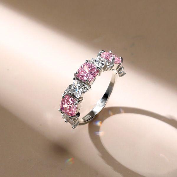 Pink Stone Half Eternity Band Ring - Cushion & Marquise Cut - Sterling Silver