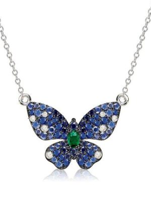Dancing Butterfly Blue Sapphire Sterling Silver Pendant Necklace for Women