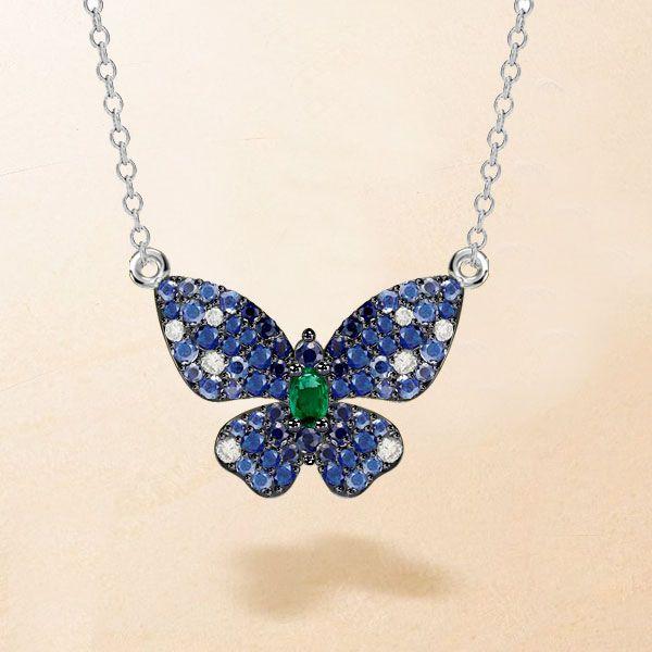 Dancing Butterfly Blue Sapphire Sterling Silver Pendant Necklace for Women