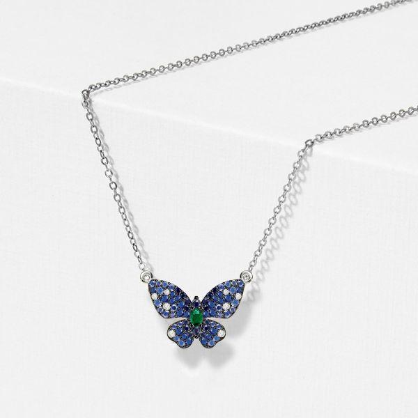 Dancing Butterfly Blue Sapphire Sterling Silver Pendant Necklace for Women