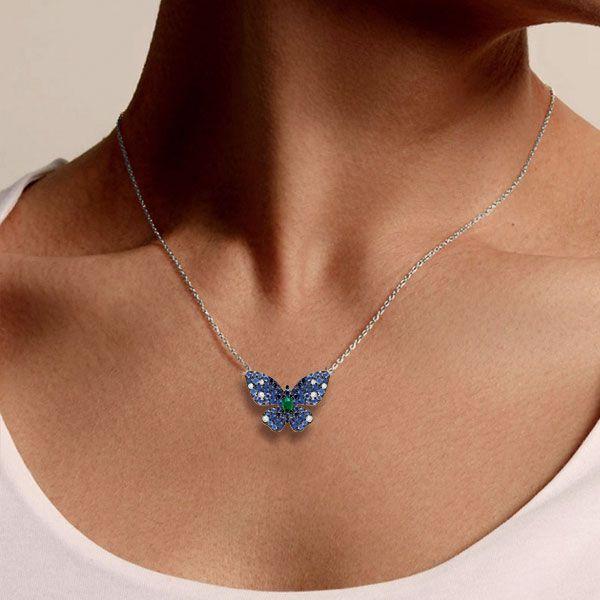 Dancing Butterfly Blue Sapphire Sterling Silver Pendant Necklace for Women
