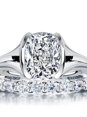 Half-Bezel Solitaire Cushion Cut Engagement Ring Set for Women in Sterling Silver
