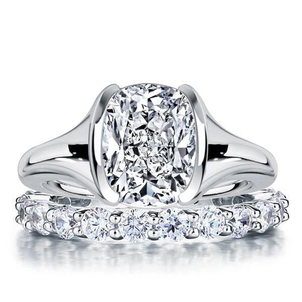 Half-Bezel Solitaire Cushion Cut Engagement Ring Set for Women in Sterling Silver