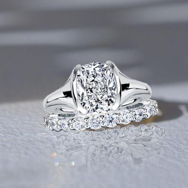 Half-Bezel Solitaire Cushion Cut Engagement Ring Set for Women in Sterling Silver