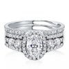 Halo Half Eternity Sterling Silver Bridal Wedding Ring Set with Oval Cut Center Stone