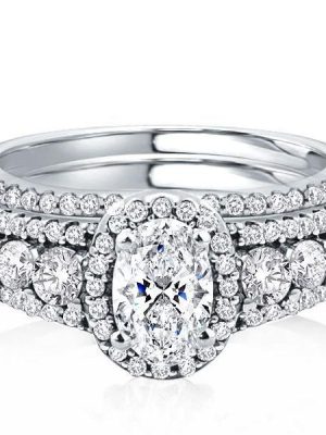 Halo Half Eternity Sterling Silver Bridal Wedding Ring Set with Oval Cut Center Stone
