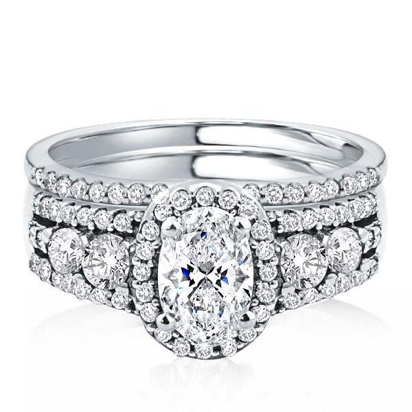 Halo Half Eternity Sterling Silver Bridal Wedding Ring Set with Oval Cut Center Stone
