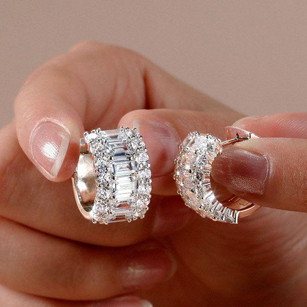 Emerald Cut Hoop Earrings - Triple Row Sterling Silver Hinged Earrings