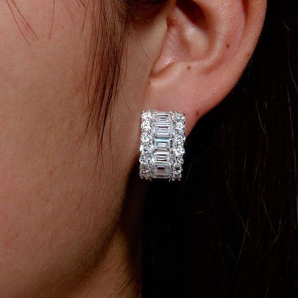 Emerald Cut Hoop Earrings - Triple Row Sterling Silver Hinged Earrings
