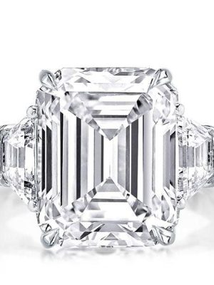 Classic Three Stone Emerald Cut Engagement Ring in Rhodium Plated Sterling Silver