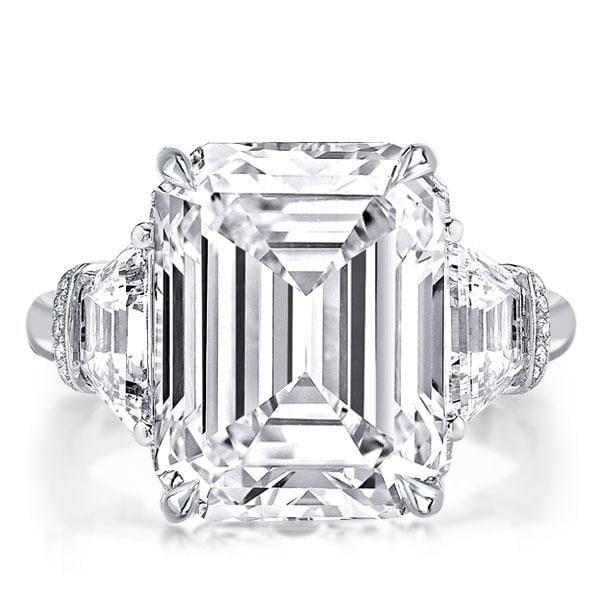 Classic Three Stone Emerald Cut Engagement Ring in Rhodium Plated Sterling Silver