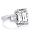 Classic Three Stone Emerald Cut Engagement Ring in Rhodium Plated Sterling Silver
