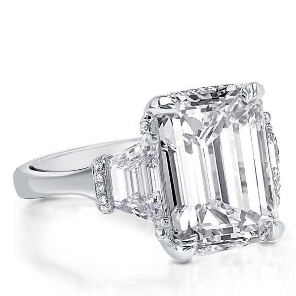 Classic Three Stone Emerald Cut Engagement Ring in Rhodium Plated Sterling Silver