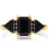 Three Stone Emerald Cut Black Stone Engagement Ring in 18K Gold Plated Sterling Silver