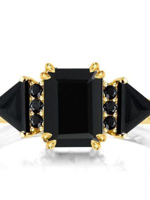 Three Stone Emerald Cut Black Stone Engagement Ring in 18K Gold Plated Sterling Silver