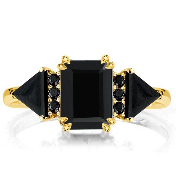 Three Stone Emerald Cut Black Stone Engagement Ring in 18K Gold Plated Sterling Silver