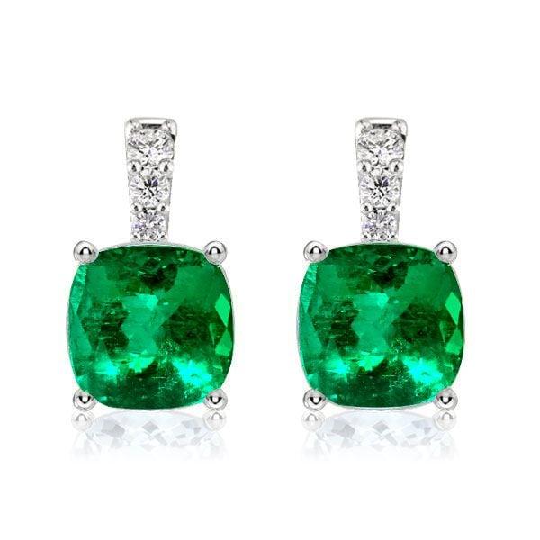 Emerald Green Cushion Cut Drop Earrings in Rhodium Plated 925 Sterling Silver