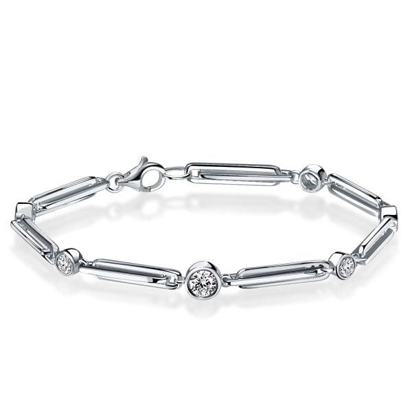 Bezel Set White Sapphire Round Cut Tennis Bracelet in Rhodium Plated 925 Sterling Silver