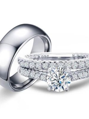 Vintage Inspired Wedding Ring Set - Sterling Silver & Titanium, White Sapphire Trio