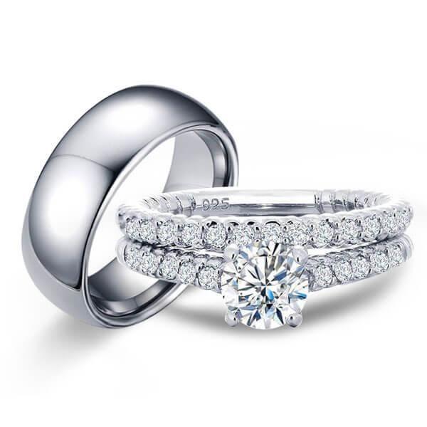 Vintage Inspired Wedding Ring Set - Sterling Silver & Titanium, White Sapphire Trio