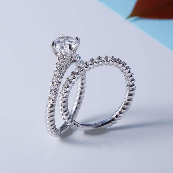 Vintage Inspired Wedding Ring Set - Sterling Silver & Titanium, White Sapphire Trio