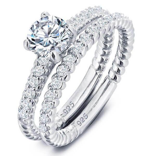 Vintage Inspired Wedding Ring Set - Sterling Silver & Titanium, White Sapphire Trio