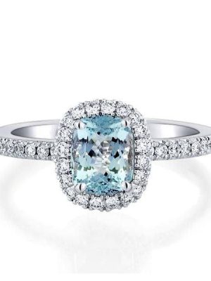 Halo Aquamarine Engagement Ring Cushion Cut in Sterling Silver