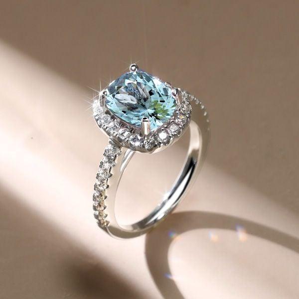 Halo Aquamarine Engagement Ring Cushion Cut in Sterling Silver