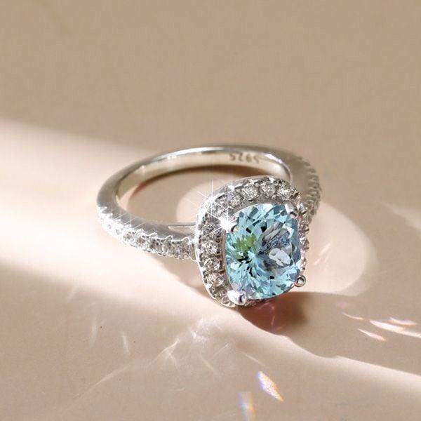 Halo Aquamarine Engagement Ring Cushion Cut in Sterling Silver