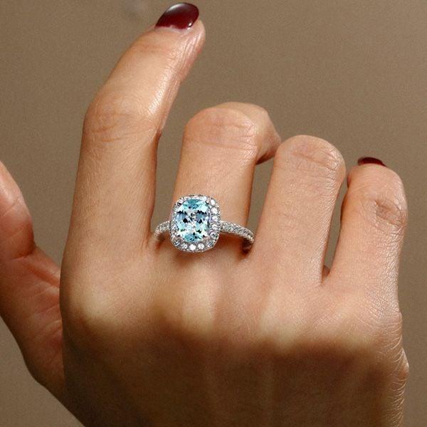 Halo Aquamarine Engagement Ring Cushion Cut in Sterling Silver