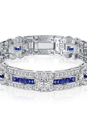 Vintage White and Blue Sapphire Bracelet for Women | 925 Sterling Silver Plated