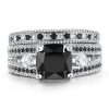 Three Stone Black Sapphire Bridal Set - 925 Sterling Silver Wedding Rings