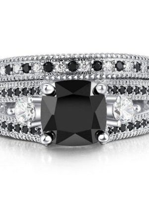 Three Stone Black Sapphire Bridal Set - 925 Sterling Silver Wedding Rings