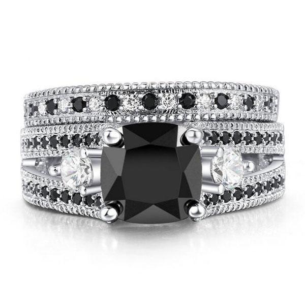 Three Stone Black Sapphire Bridal Set - 925 Sterling Silver Wedding Rings