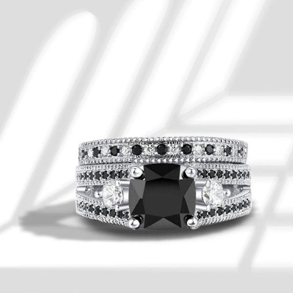 Three Stone Black Sapphire Bridal Set - 925 Sterling Silver Wedding Rings