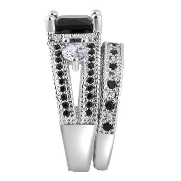 Three Stone Black Sapphire Bridal Set - 925 Sterling Silver Wedding Rings