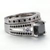 Three Stone Black Sapphire Bridal Set - 925 Sterling Silver Wedding Rings