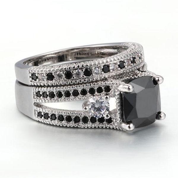 Three Stone Black Sapphire Bridal Set - 925 Sterling Silver Wedding Rings