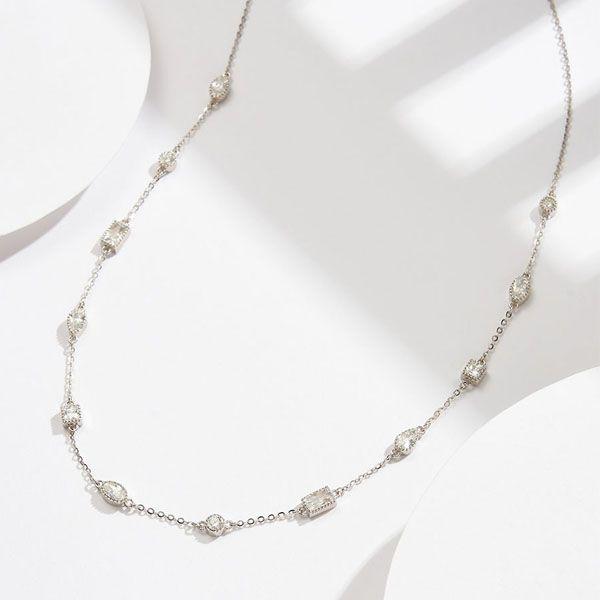 Bezel Set White Sapphire Tennis Necklace in 925 Sterling Silver, Multi-Cut Stones