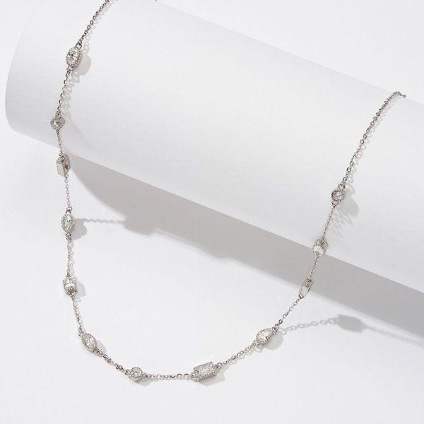 Bezel Set White Sapphire Tennis Necklace in 925 Sterling Silver, Multi-Cut Stones