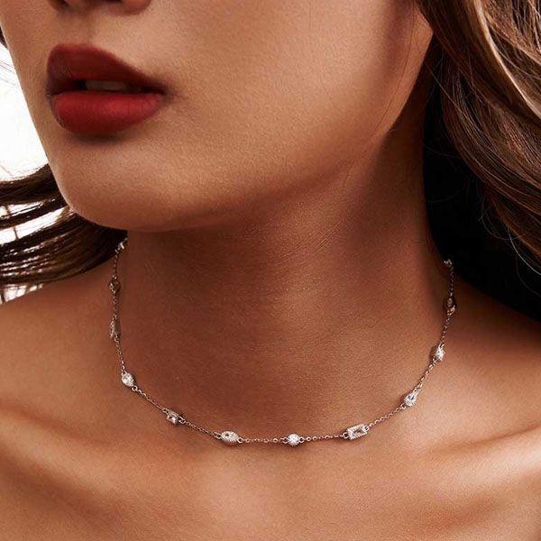 Bezel Set White Sapphire Tennis Necklace in 925 Sterling Silver, Multi-Cut Stones